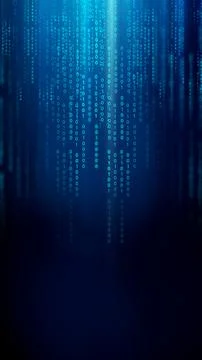 Abstract digital background featuring glowing blue binary code streaming do.. Illustrazione stock