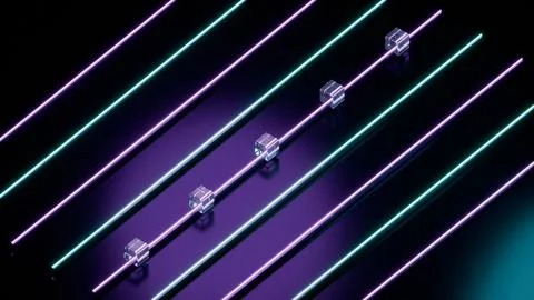 Abstract digital background featuring metallic cubes sliding along glowing .. Stock Illustration