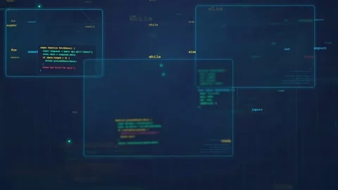 Abstract digital background with floating computer code windows and glowing Stock Footage 339950246