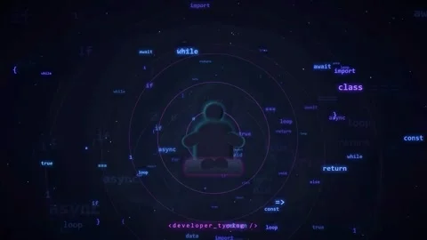 Abstract digital background with floating computer code and a stylized human Stockbeeldmateriaal 343155550