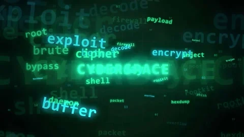 Abstract digital background with floating cybersecurity terms and hacking code Vidéo 343160629