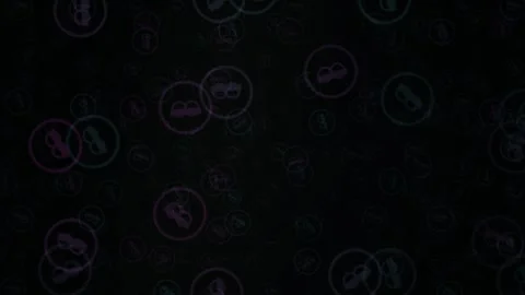 Abstract Digital Background with Floating Neon Icons and Data Particles. Stock Footage 341778780