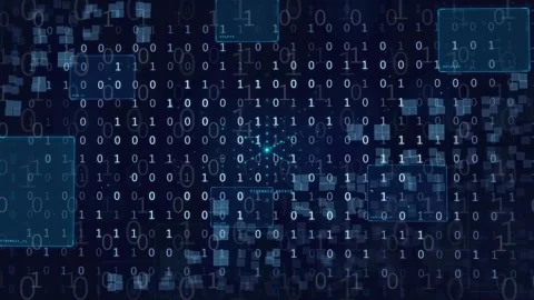 Abstract digital background with flowing binary code and glowing data blocks in Stock Footage 339322175