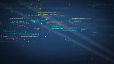 Abstract digital background with flowing computer code and data particles in Stock Footage 339952626