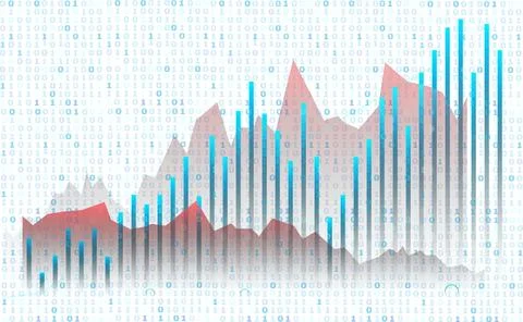 Abstract digital background with graphs, binary code and bar charts symboli.. Stock Photos