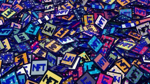 Abstract digital background with heap of colorful NFT charms Stock Illustration