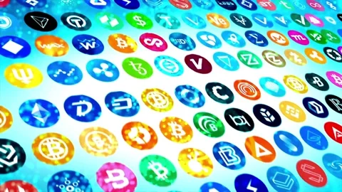 Abstract digital background of many crypto currency hi-tech and scientific Stock Footage 336444007