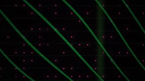 Abstract Digital Background with Moving Green Diagonal Lines and Red Particle Stock Footage 341779014