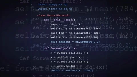 Abstract Digital Background of Neural Network Python Code with Glitch Effects Stock Footage 336776883