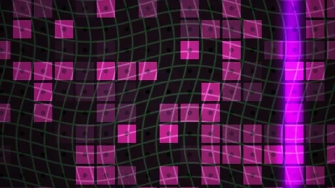 Abstract Digital Background with Pulsing Pink Neon Squares and Wavy Grid. Stock Footage 340492579