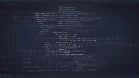 Abstract digital background with scrolling computer code and data processing on Stock Footage 339954567