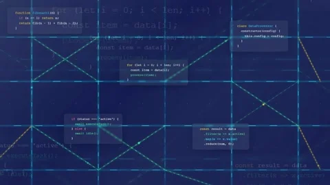 Abstract Digital Background with Scrolling Computer Code and Glowing Geometric Stock Footage 339969519