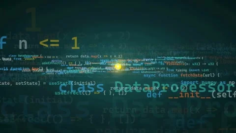 Abstract Digital Background with Scrolling Computer Code and Glowing Data Stock Footage 339970061