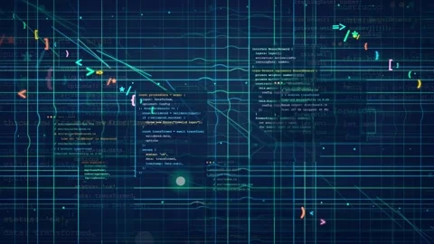 Abstract Digital Background with Scrolling Computer Code and Blue Glowing Grid Video stock 339974106