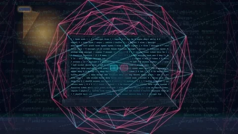 Abstract Digital Background with Scrolling Computer Code and Glowing Geometric Stock Footage 343152090