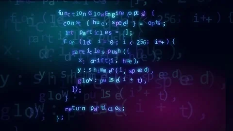 Abstract digital background with scrolling computer code and glowing particles Stock Footage 343153936