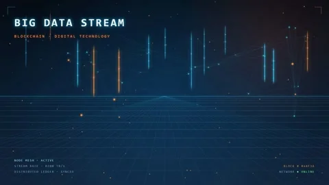 Abstract digital big data stream with glowing orange lines and blue network Stock Footage 346202996