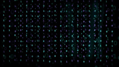 Abstract digital binary code background with flowing purple and teal numbers on Stock Footage 339319611
