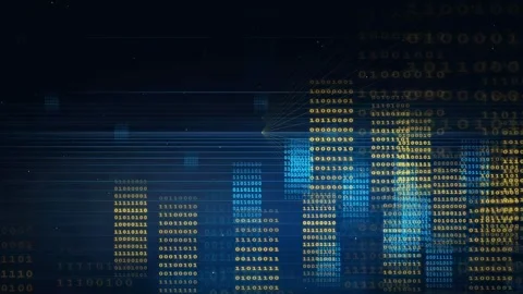 Abstract Digital Binary Code Data Stream with Blue and Gold Glowing Particles Stock Footage 336772962