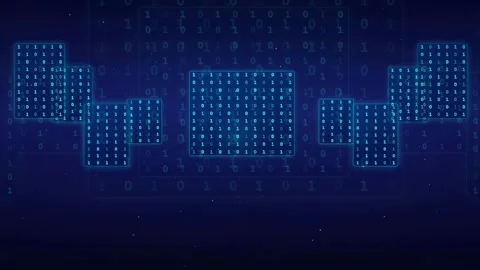 Abstract Digital Binary Code Data Stream with Glowing Blue Blocks on Dark Stock Footage 336775672