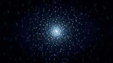 Abstract Digital Binary Code Particles Floating in Dark Blue Space with Glowing Stock Footage 339321043