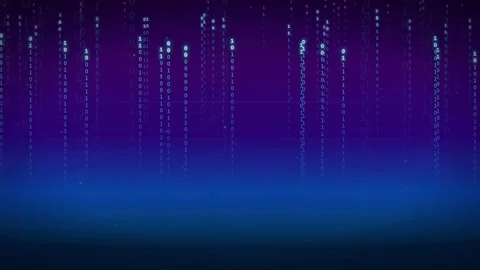 Abstract Digital Binary Code Rain Falling Over Dark Blue and Purple Gradient Stock Footage 336774596