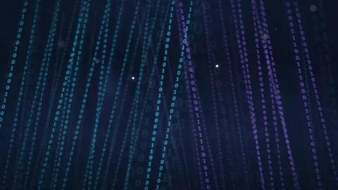 Abstract digital binary code rain falling on dark blue and purple background Stock Footage 336774708