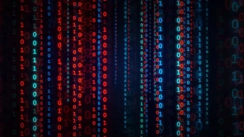 Abstract digital binary code rain falling in red and blue colors on dark Stock Footage 336780516