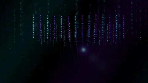 Abstract Digital Binary Code Rain with Glowing Purple and Blue Particles on Stock Footage 339318854