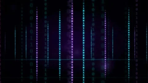 Abstract digital binary code rain falling on dark background with purple and Stock Footage 339318876