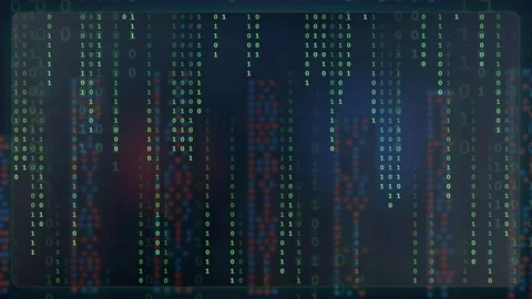 Abstract digital binary code rain falling on dark blue background for Video stock 343160151