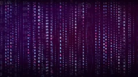 Abstract digital binary code raining down on a dark purple and blue futuristic Stock Footage 336778562