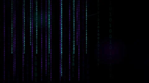 Abstract digital binary code raining down on a black background with purple and Stock Footage 336781205