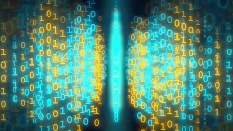 Abstract Digital Binary Code Stream with Glowing Blue and Gold Particles on Stock Footage 336775073