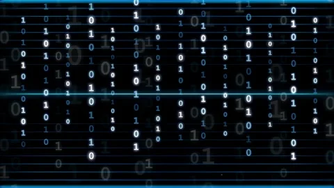 Abstract digital binary code stream flowing across a dark blue technological Stock Footage 336778641