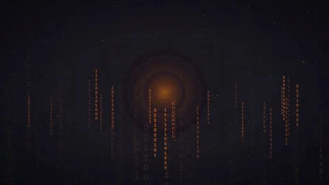 Abstract Digital Binary Code Stream with Glowing Orange Circular Data Interface Stock Footage 336778696