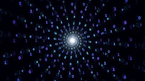 Abstract digital binary code stream flowing toward a bright light in dark Stock Footage 339321277
