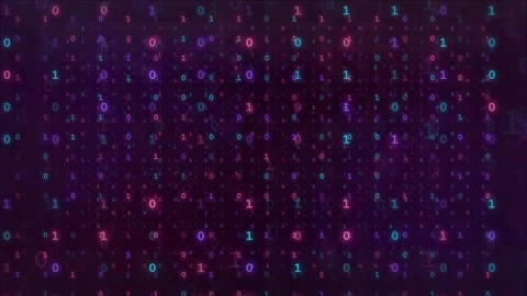 Abstract digital binary code stream with glowing purple and blue numbers on Stock Footage 339322853