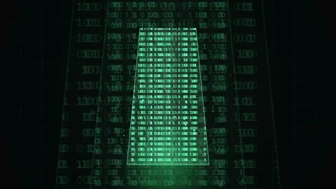 Abstract digital binary code stream forming a geometric shape on a dark green Stock Footage 341832270