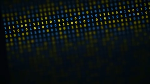 Abstract Digital Binary Code Stream Flowing Across a Dark Blue and Gold Stock Footage 345765672