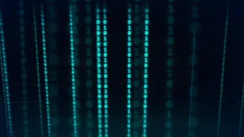 Abstract digital binary code streaming vertically on a dark blue technological Stock Footage 336772033