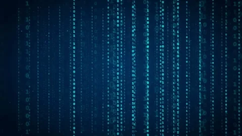Abstract digital binary code streaming vertically on a dark blue technological Stock Footage 336777563