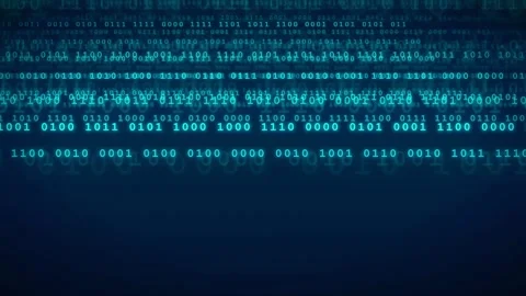 Abstract digital binary code streaming across a dark blue background for Stock Footage 336779626