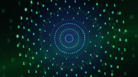 Abstract Digital Binary Code Tunnel with Glowing Green and Blue Data Particles Stock Footage 336776772