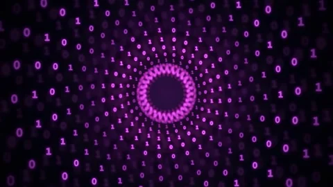 Abstract Digital Binary Code Tunnel with Rotating Spirals and Changing Neon Stock-Footage 343171790