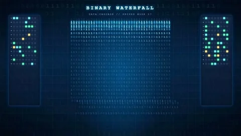 Abstract Digital Binary Code Waterfall with Glowing Data Streams on Dark Blue Stock Footage 343157279