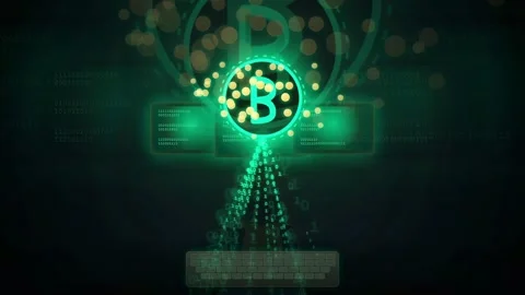 Abstract Digital Bitcoin Symbol with Glowing Green Data Streams and Binary Code Stockbeeldmateriaal 341834531