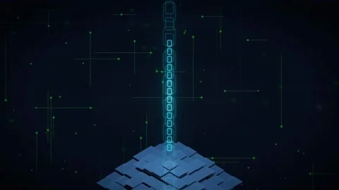 Abstract Digital Blockchain Concept with Glowing Blue Data Chain and Geometric Stock Footage 336775712