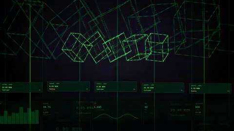 Abstract Digital Blockchain Network with Green Wireframe Cubes and Financial Stock Footage 339315991