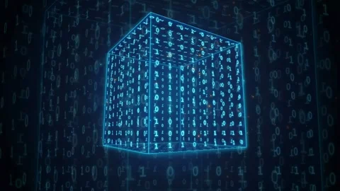 Abstract Digital Blue Cube Formed by Binary Code in a Futuristic Cyber Space Stock-Footage 343172248